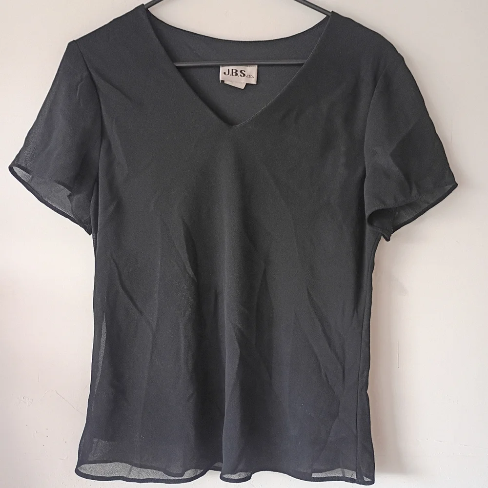 J.B.S. LTD Black Sheer Short Sleeve V-Neck Blouse Layering Top Women’s‎ Medium